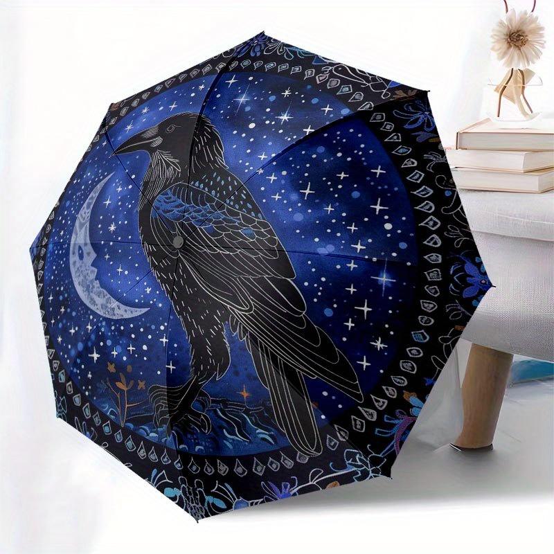 Enchanted Raven Moon Tapestry: Mystical Night Sky Wall Hanging Umbrella, Cute Umbrella with Cute Design, Portable 3-Fold Compact Umbrella for Men & Wo