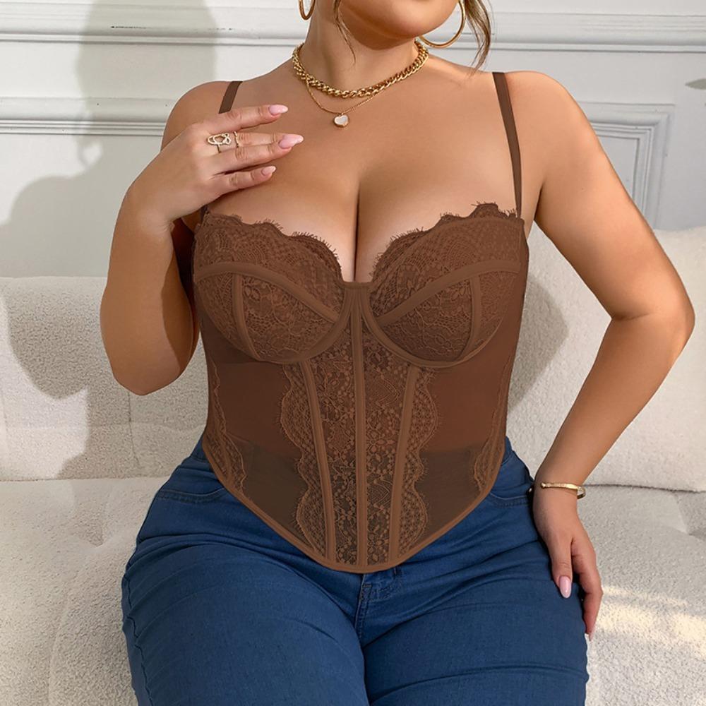 1XL-4XL Big Size Lace Corset Transparent Lace Crop Tops Elastic Suspender Vest  Ladies