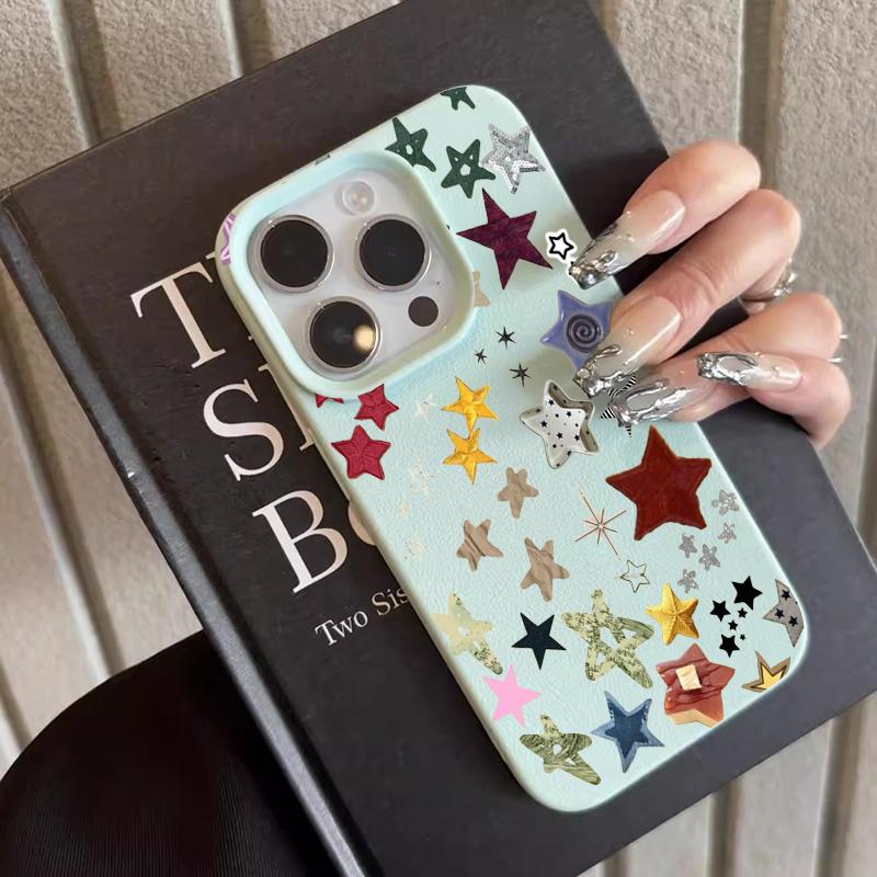Y2k INS Graffiti Star Moon Phone Case For iPhone 17Pro 16 15 14 11 13 Pro Max 12 Plus Lichee Pattern Shockproof Silicone Funda