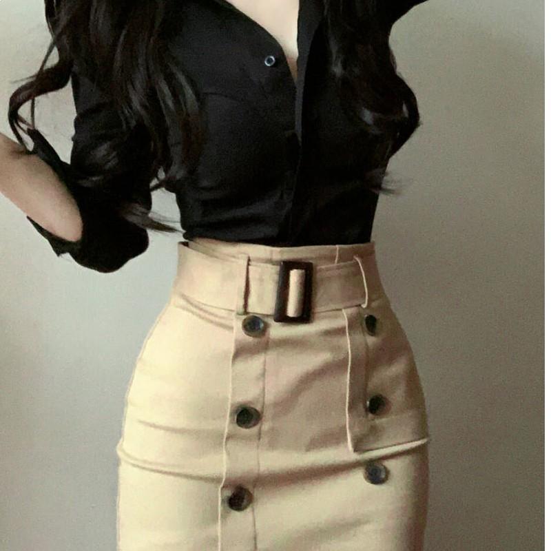Korean Style Waist-Cinching Shirt & High-Waisted Hip-Hugging Skirt Set for Spring/Summer