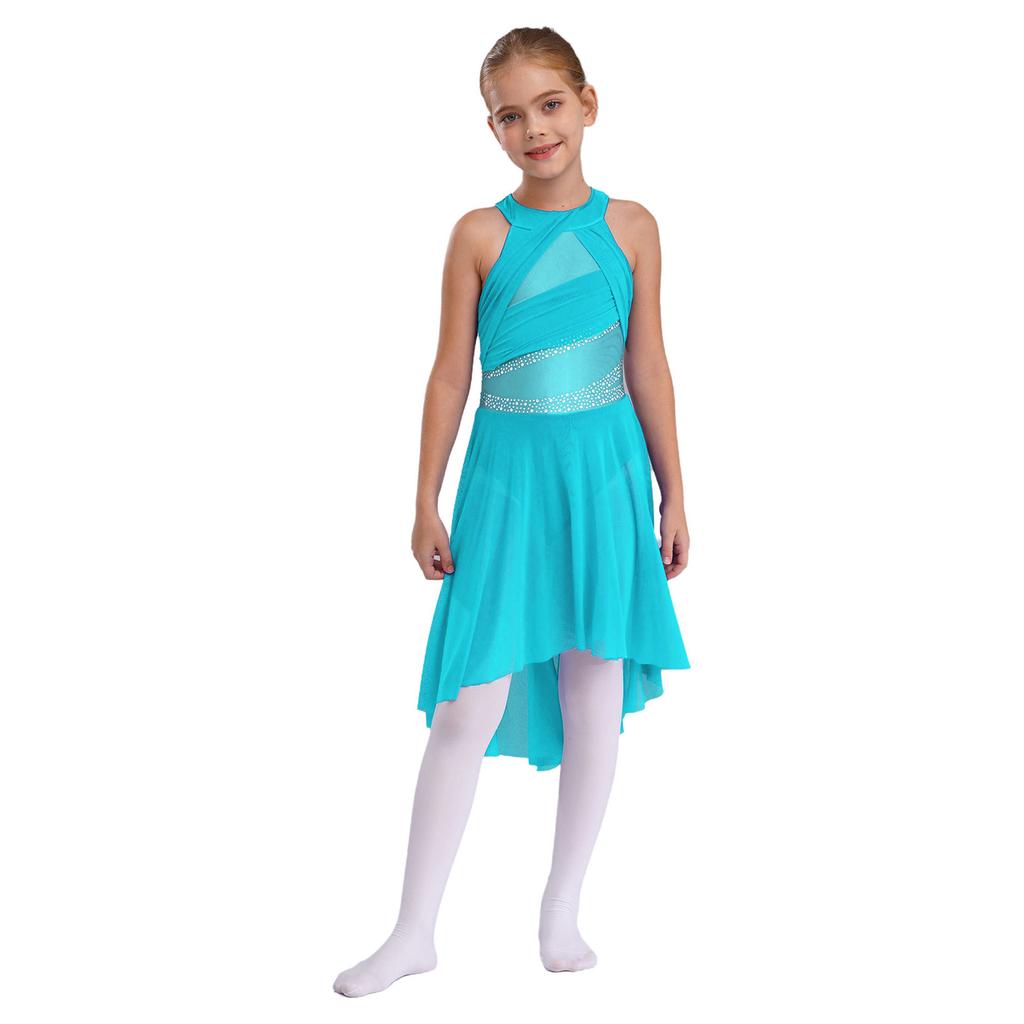 Kids Sleeveless Ruched Dance Dress with Rhinestones for Latin & Contemporary Dance
