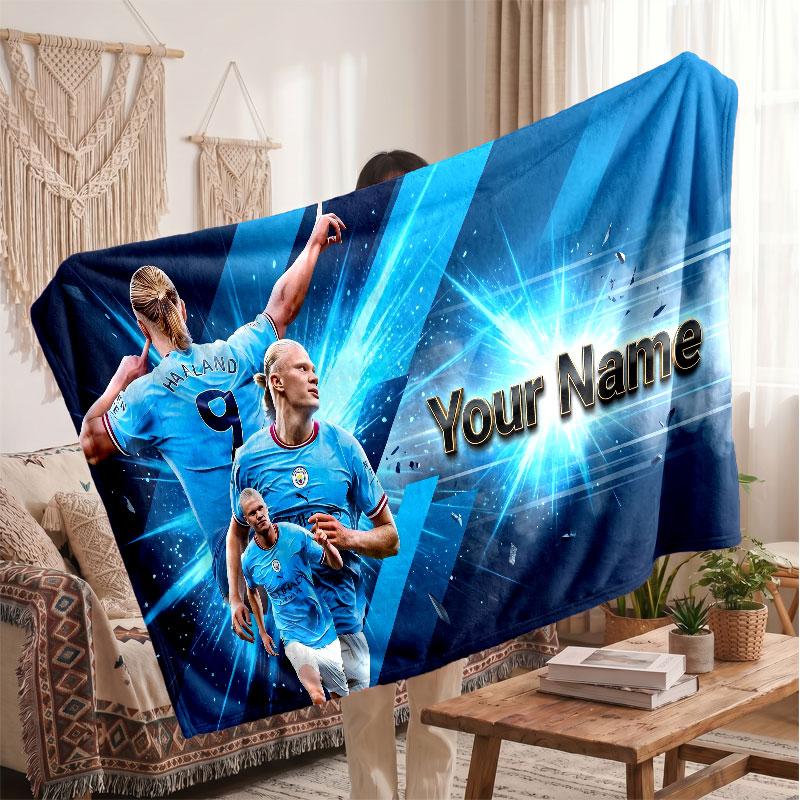 Erling Haaland Personalized Fleece Blanket With Football Logo, Custom Name Text Soft Warm Home Throw Blanket