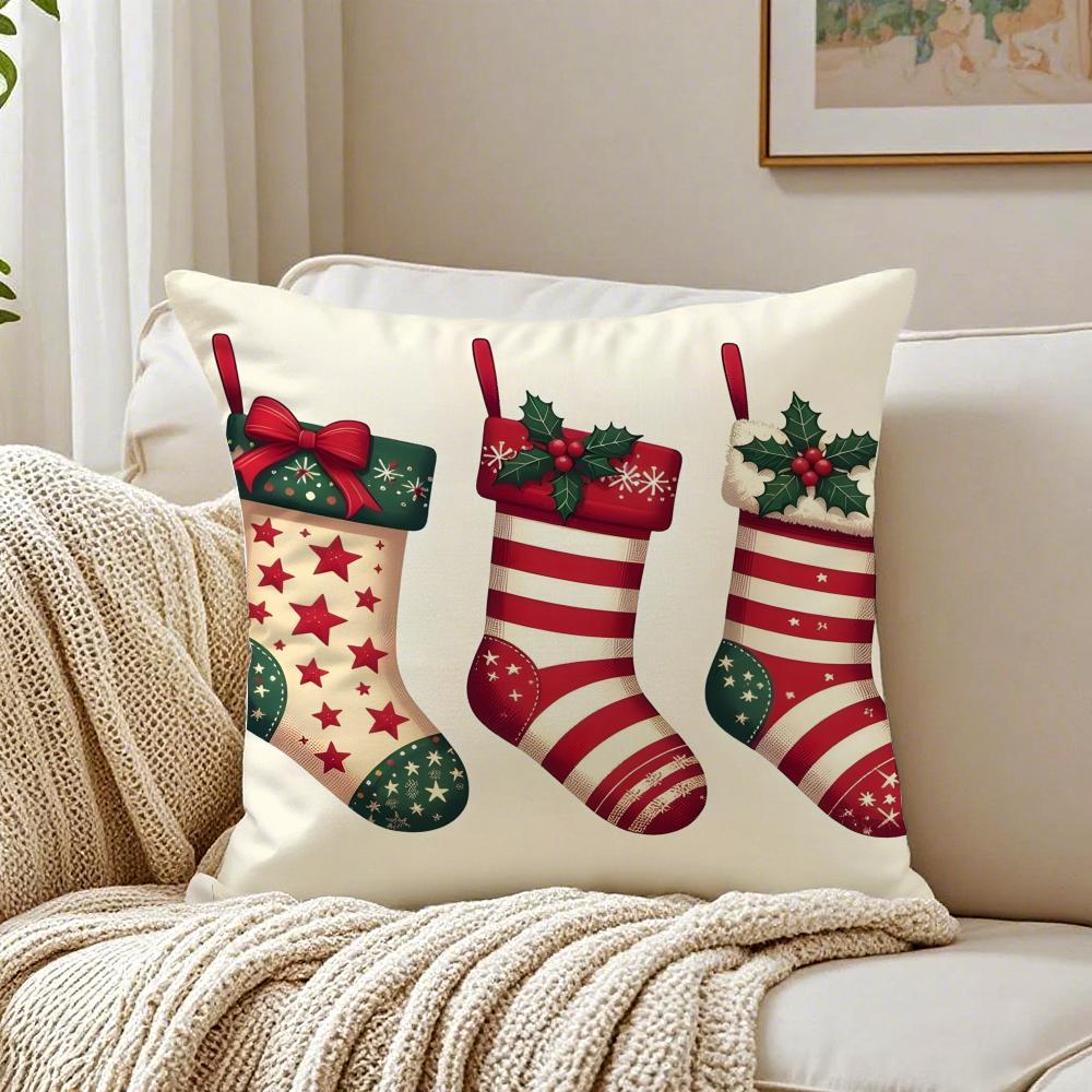 Red Socks Merry Chrismas Cushion Cover Linen Pillowcase Soft for Sofa Bed Home Room Decor