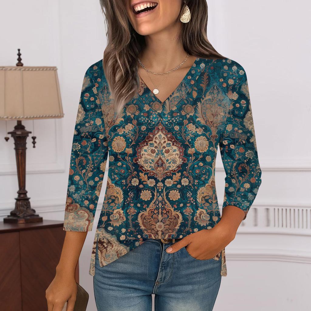 3/4 Sleeve Shirts For Women  Print Graphic Tees Blouses Casual Plus Size Basic Tops Pullover