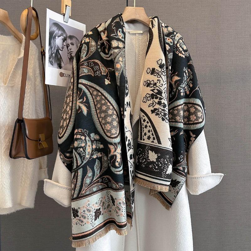 New imitation cashmere fashionable cashew flower print fringed scarf autumn fashion commuter warm scarf shawl