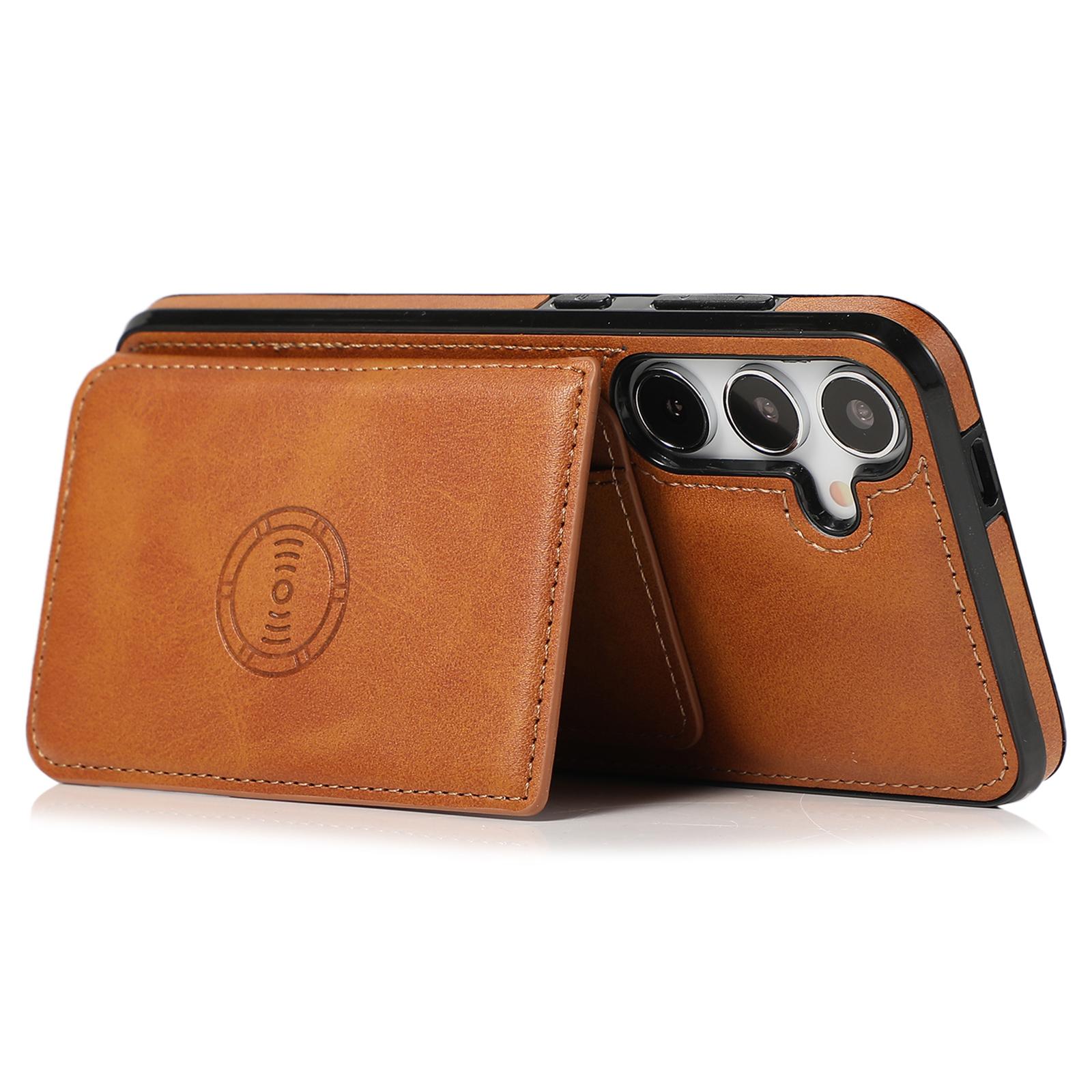 

For Samsung Galaxy S24 FE Case Card Holder Kickstand PU Leather+TPU Phone Cover Brown