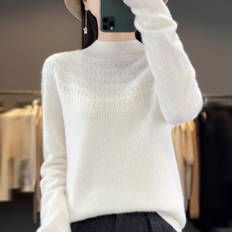One-line Ready-to-wear Half-high Neck Hollow Cardigan for Women In Autumn and Winter New Loose and Versatile Warm Wool Knitted Base Shirt