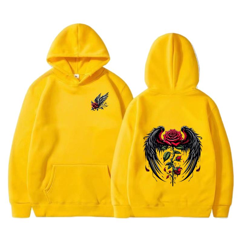 Rose wing pattern printed hoodie fashion trend brand autumn and winter loose hoodie Y2K hip-hop street wear men's and women's pu