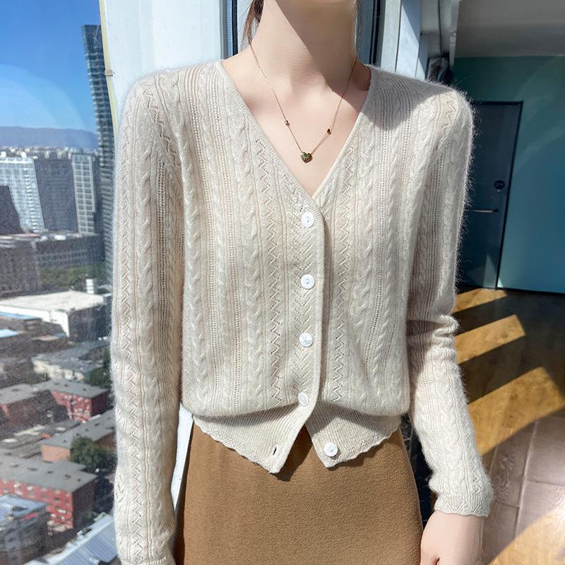 Elegant Women's V-neck Cashmere Jacquard Cardigan - Soft Knitwear for Autumn & Winter