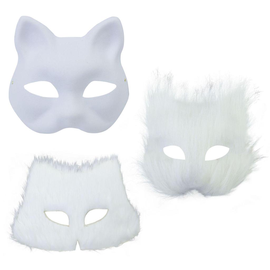 DIY Children's Half-Face Animal Masks - White Paper Pulp Cat and Fox Graffiti Halloween Craft