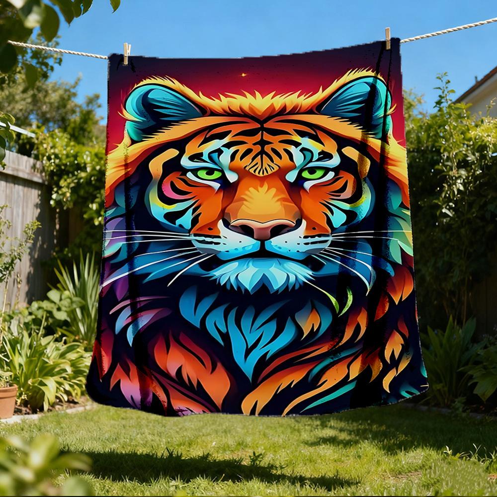 1pc Colorful Tiger Design Throw Blanket Polyester Fiber, Lightweight Flannel, Soft & Warm, All Season Use for Outdoor, Camping Digital Print
