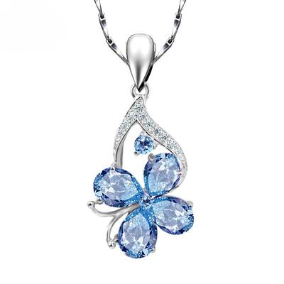 Kleeblatt-Anhänger, Wassertropfen-förmiger Aquamarin-Charm, Schmetterling, Temperament, Schlüsselbeinkette für Frauen, Hochzeit, Verlobung, weibliche Geschenke, Schmuck