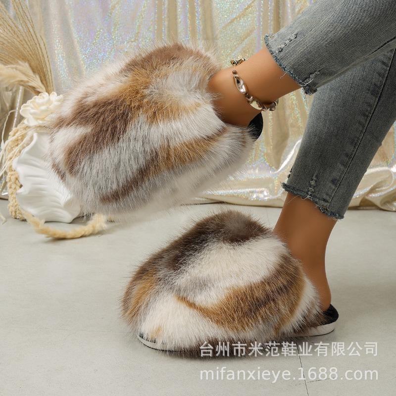Leopardenmuster Langhaar-Taschenkopf Warme Baumwollpantoffeln Damen Flauschige Haar Pantoffeln