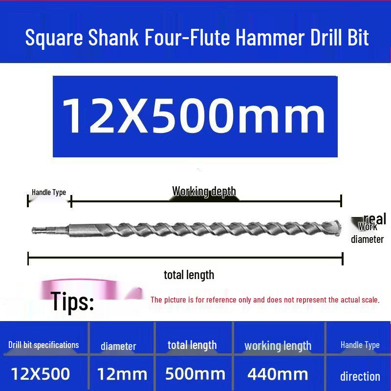 Extended Electric Hammer Drill Bit, Square & Round Shank, for Concrete Piercing - Available in 500mm to 2m Lengths