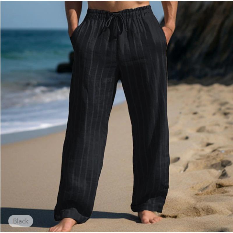 Men Vertical Stripe Linen Pants Drawstring Waist Loose Beach Jogger Trousers with Pockets