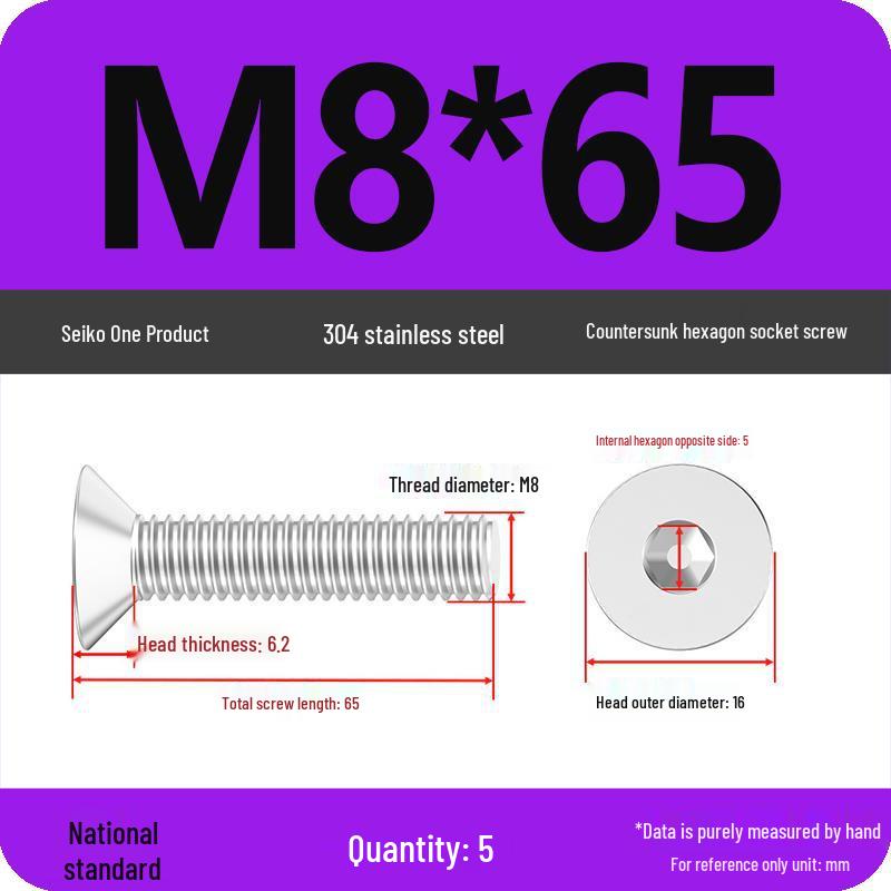 M2-M10 Stainless Steel Flat Head Machine Screws and Bolts Set, Countersunk Hex Socket Cap, 304 Grade.