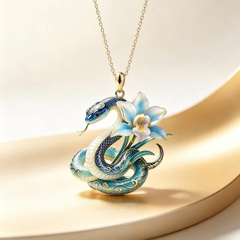 Vintage Jade Orchid Spirit Snake Light Luxury Keychain Pendant Elegant Snake Pendant Necklace For Girlfriend Jewelry Gift