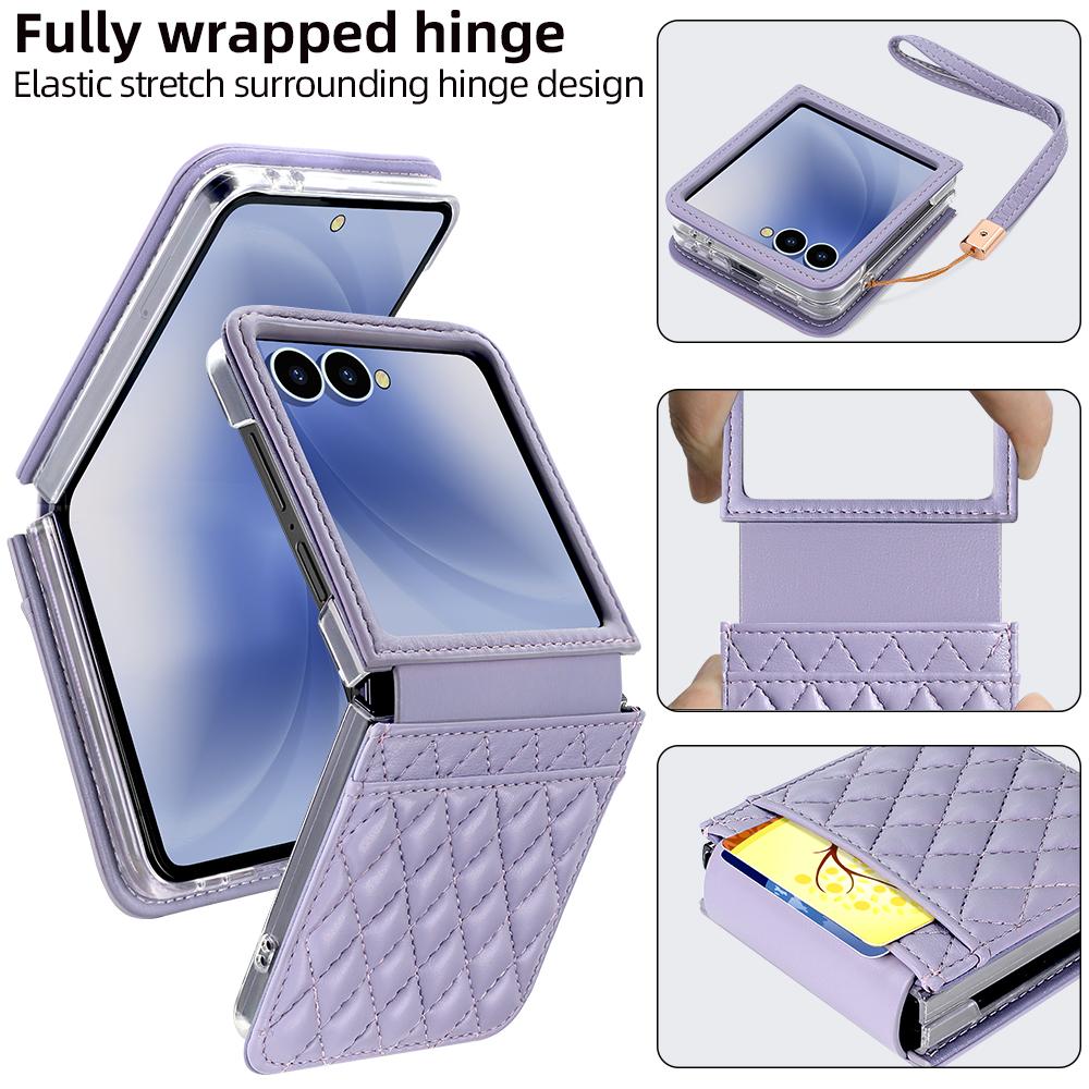 Luxury Styly PU Leather Phone Case with Wrist Strap Compatible with Galaxy Z Flip 7 Flip6 Flip5 Flip 4 Case with Bank Card Slot
