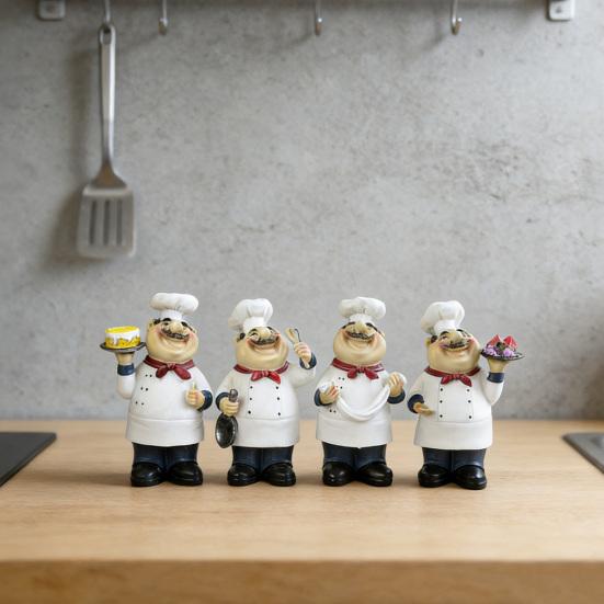 Yousheng Cartoon Chef Figurine Hand-Painted Holding Fruit Plate Cake Noodles Spoon Chef Statue Sculpture Home Kitchen Dining Room Decoration Ornament