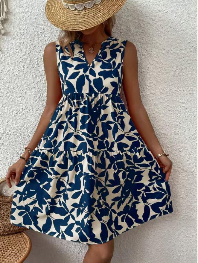 

Women V-Neck Sleeveless Printed Dress Casual Loose Fit Summer Beach Dress 5XL синій