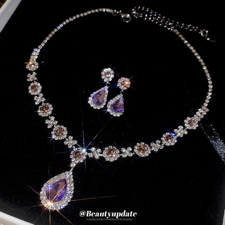 Conjunto de Brincos e Colar de Diamante Gota: Joia com Pingente de Corrente para Clavícula de Luxo para Mulheres