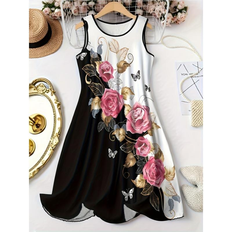 Women s plus size flower+butterfly print round neck sleeveless vest dress S