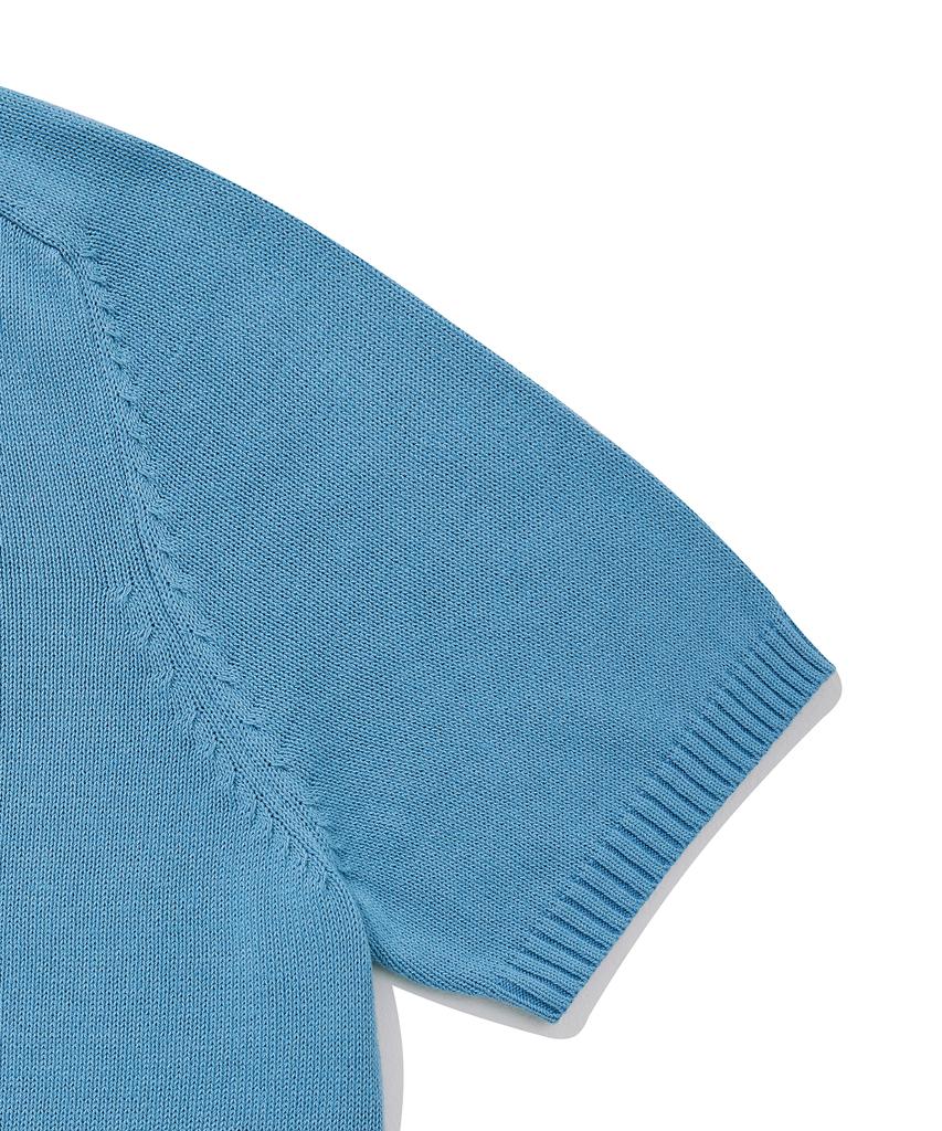 FALLETT Cotton Yarn Collared Short Sleeve Knit Blue