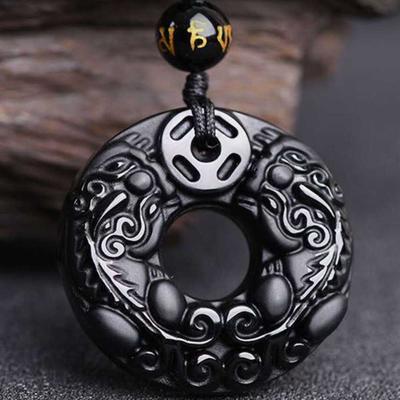 100 % natürlicher Obsidian, geschnitzter Pi Xiu-Glücksamulett-Anhänger, Reiki-Heilkette, Stahl, Frauen, Kreuzanhänger, Energieschmuck