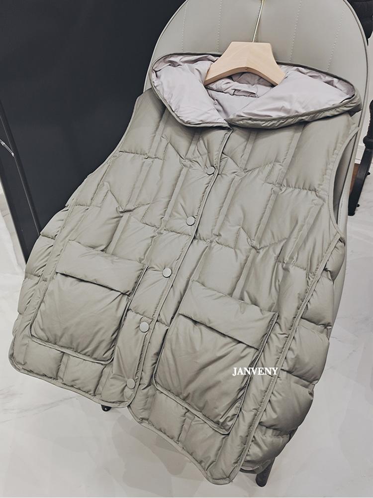 

Janveny Новая Мода Женский Пуховый Жилет с Капюшоном без Рукавов Женский Легкий Бесшовный Пуховик из Пера Белой Утки Короткий Жилет XXXL зелёный