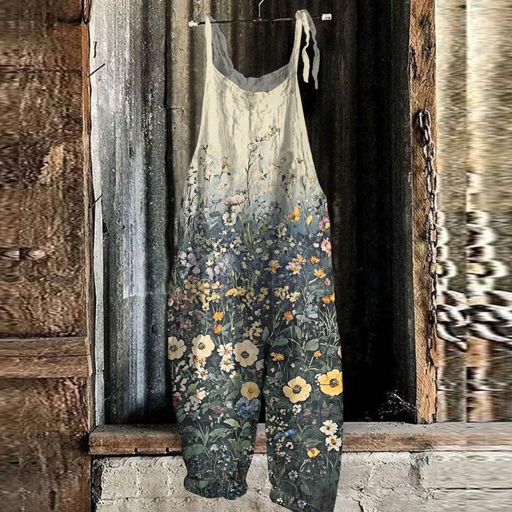 Women's Jumpsuit Floral Print Casual Loose Vintage Shoulder Strap Cotton Linen
