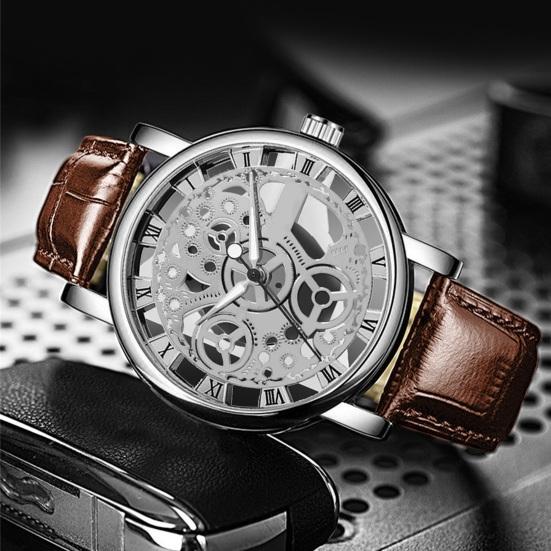 Vintage Men Watch Hollow Round Dial Faux Leather Strap Casual Formal Watch Accurate Quartz Wristwatch Fashion Jewelry Gift