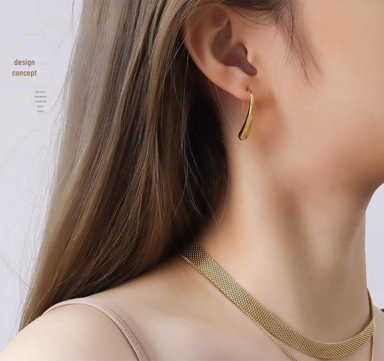 French Choker 18K Gold Plated Geometric Stud Earrings with Water Drop Hook - Titanium Steel, Hot Selling & Unique Model F315.