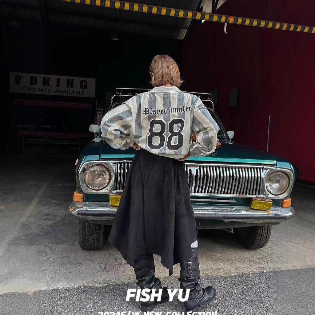 2025 Spring/Autumn Retro Jersey Vertical Stripe Letter Print Polo Collar Sweatshirt for Women