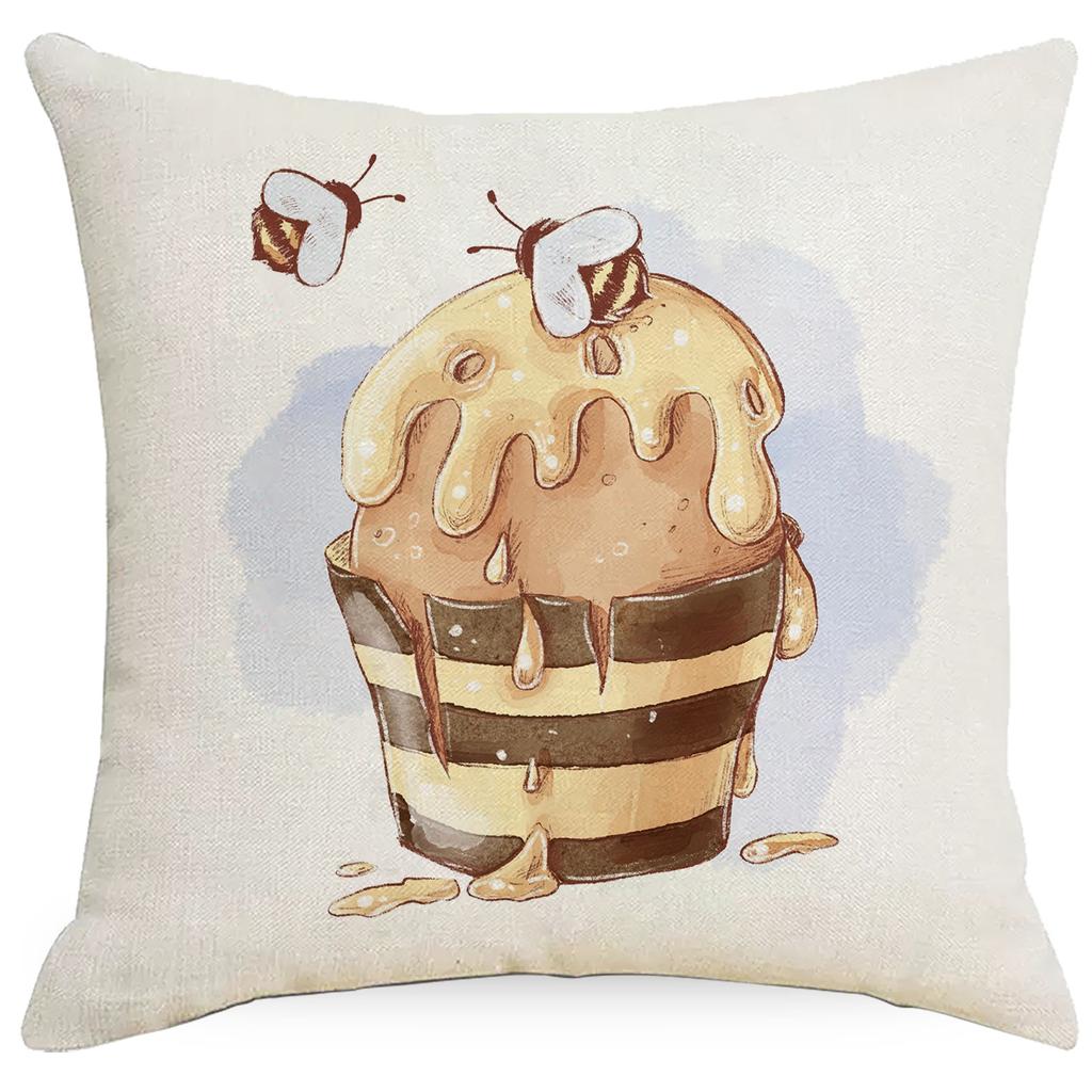 Sunflower Bee Printed Linen Pillow Cover Spring and Summer Flowers Pillow Sofa Pillow Cushion Cover