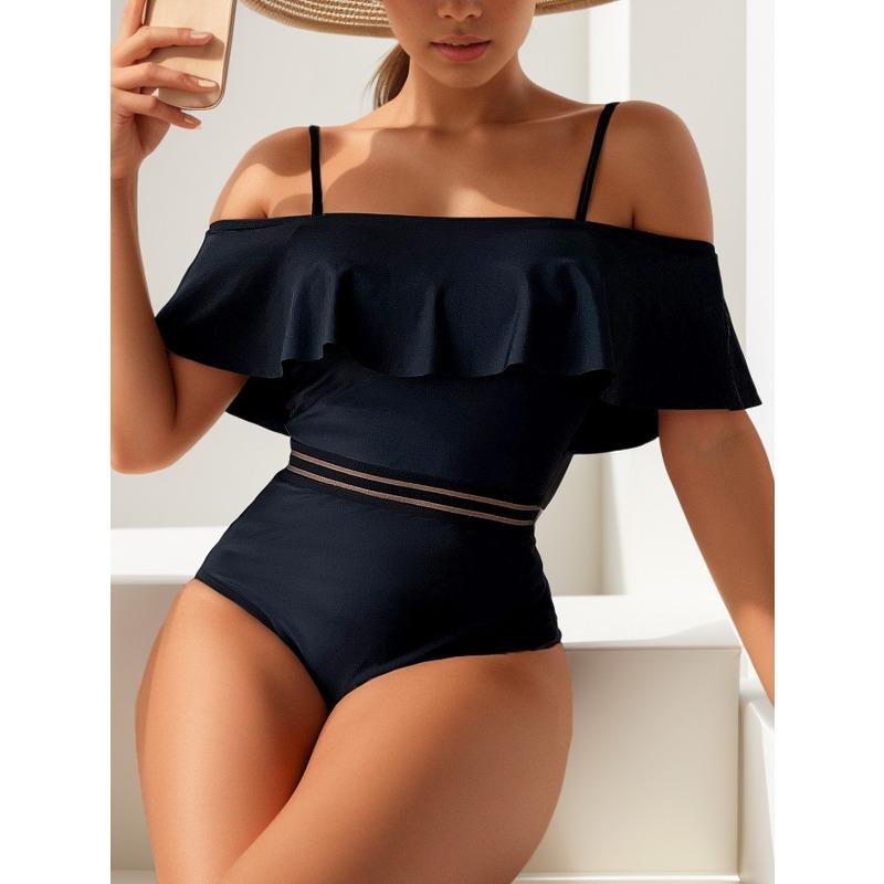 New One-word Shoulder Webbing Sexy High-waisted One-piece Bikini Swimsuit Swimsuit Women