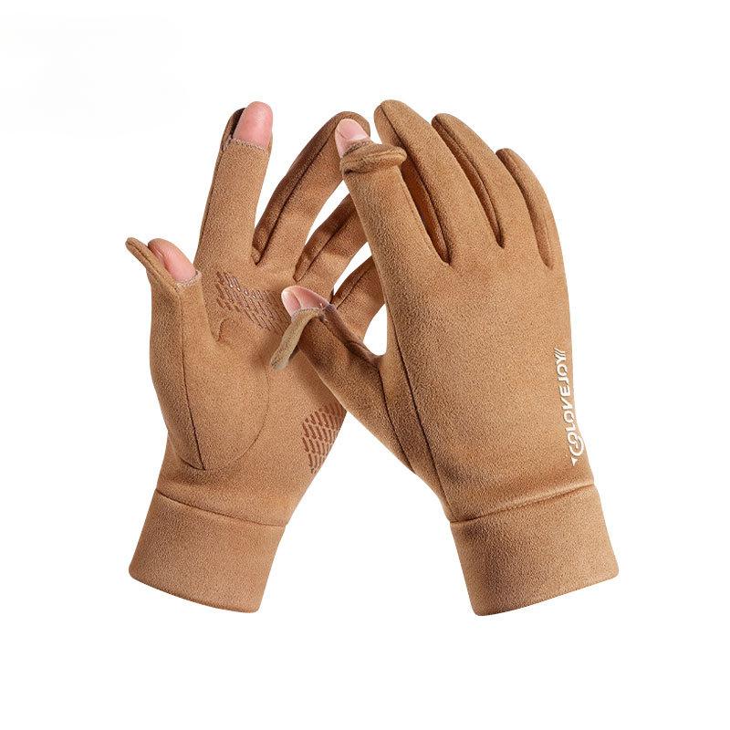 

Замшевые термоперчатки для мужчин, зимние перчатки для велоспорта на открытом воздухе, с замшевыми сенсорными экранами, противоскользящие, с открытыми пальцами one size коричневый