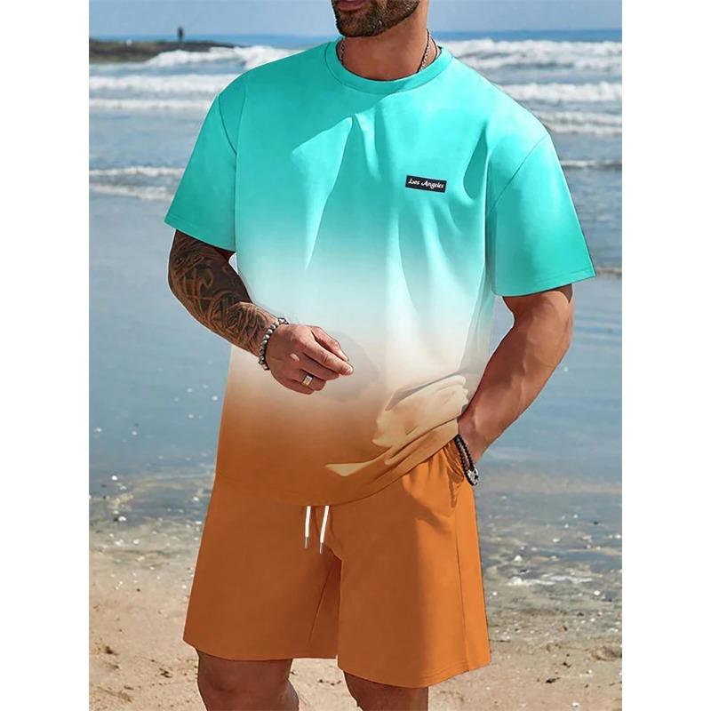Men's Graphic 2pcs Tees sets Summer Tops Short Sleeve Short Pants Crew Neck Sport Casual Outdoor Vacation Sport 3D Print Summer Black Blue Green