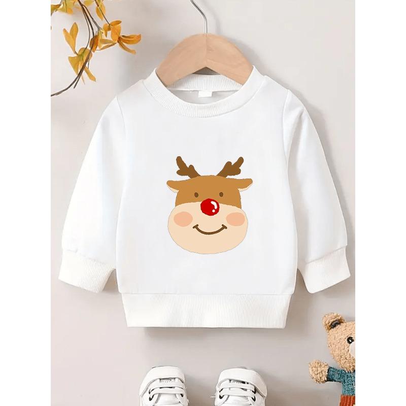 European Sizes Christmas Reindeer Print Pattern, Comfortable Thin Round-Neck Sweatshirt for Baby Kids In Spring And Autumn