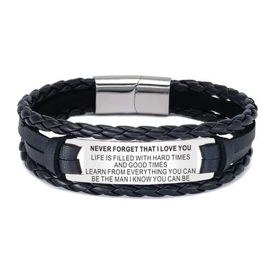 1pc Inspirational Statement Stainless Steel Pu Leather Bracelet - The Best Gift For Son, Grandson, Daughter, Granddaughter, Husband, Father