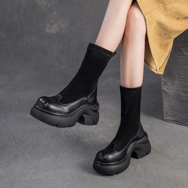 Fashion GKTINOO 2025 Autumn Winter New Retro Mid-calf Boots Genuine Leather Comfortable Thick Soled British Stretch Boots Women's Shoes