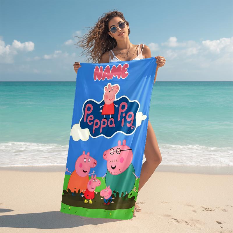 Personalized Peppa Pig Family Adventure Beach Towel Microfiber Beach Towel Thin Absorbent for Beach Swimming Yoga Bath Sports. 0910427