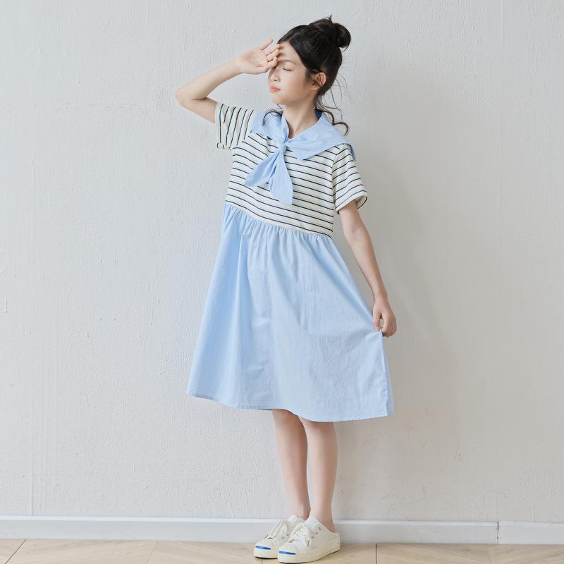 Girls' Fashionable Cotton Dress for Summer, Children's Casual Striped Short-sleeved Blue Dress