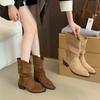 Western style sleeve cowboy boots women's 2025 new medium tube v-mouth matte short boots thick heel British style retro boots