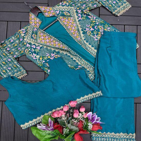 

Бірюзовий палаццо-костюм з вишитим жакетом FREE SIZE чирковий