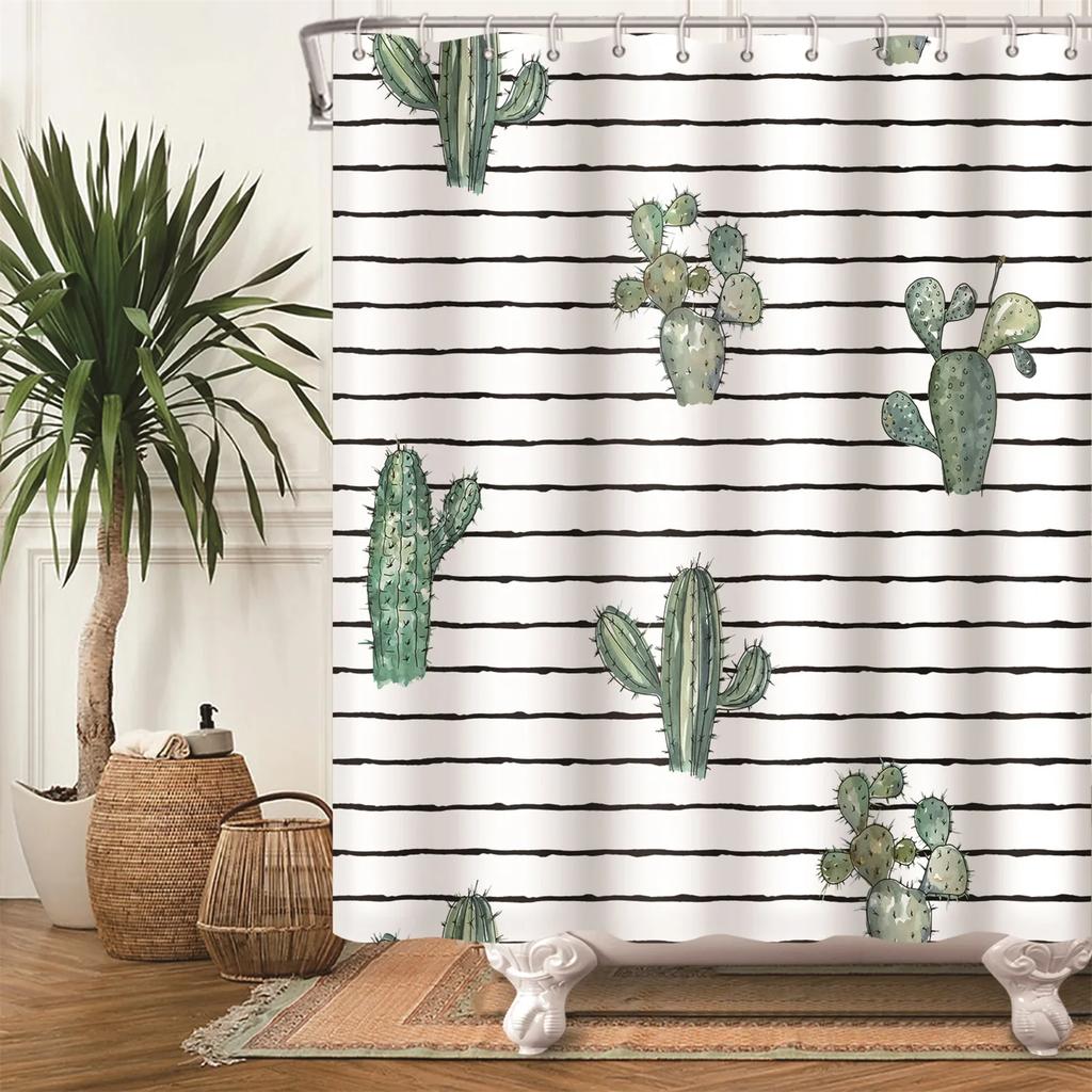 Tropical Cactus Print Shower Curtain Boho Plant Pattern Waterproof Fabric Shower Curtains Modern Bathroom Decor With Hooks