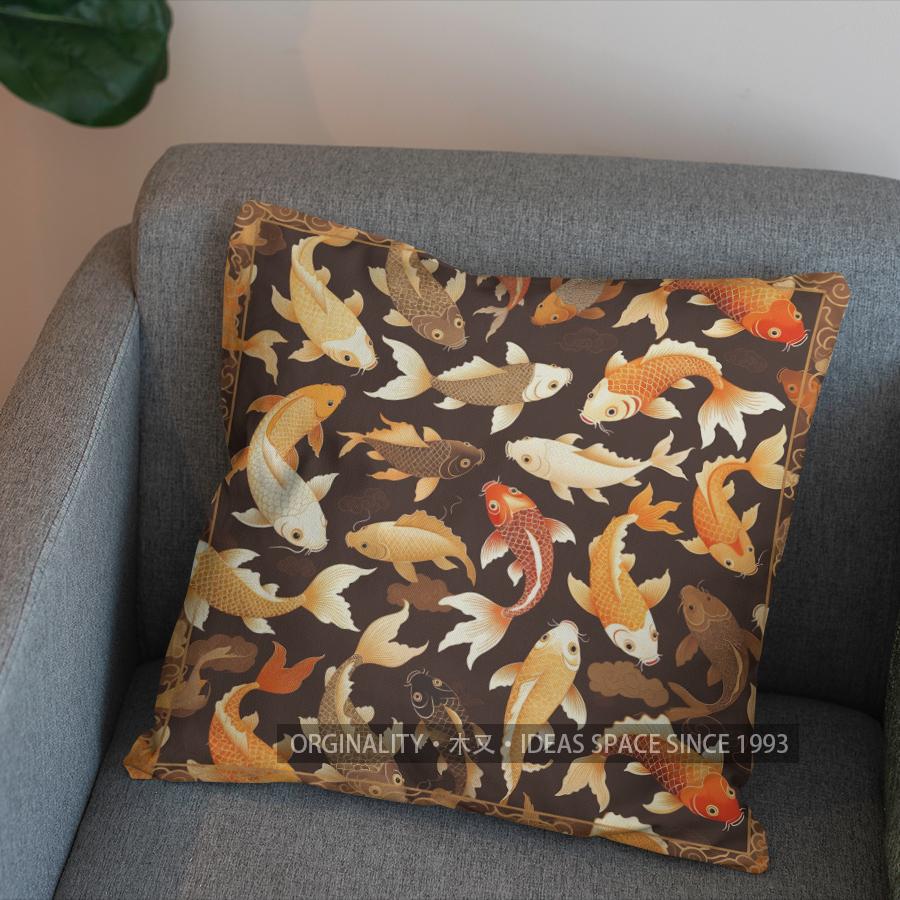 2D Traditional Ink Style Koi Fish Pattern Pillow Pattern Cushion Cover Suitable For Sofa Bedroom Car Pillow Cover