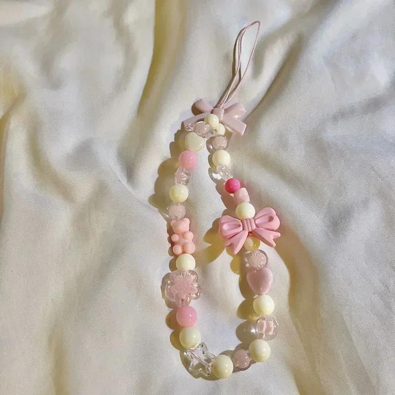 Bear Bead Phone Chain Cute Charms Keychain Wristband Strap Girl Woman Cellphone Flower Lanyard