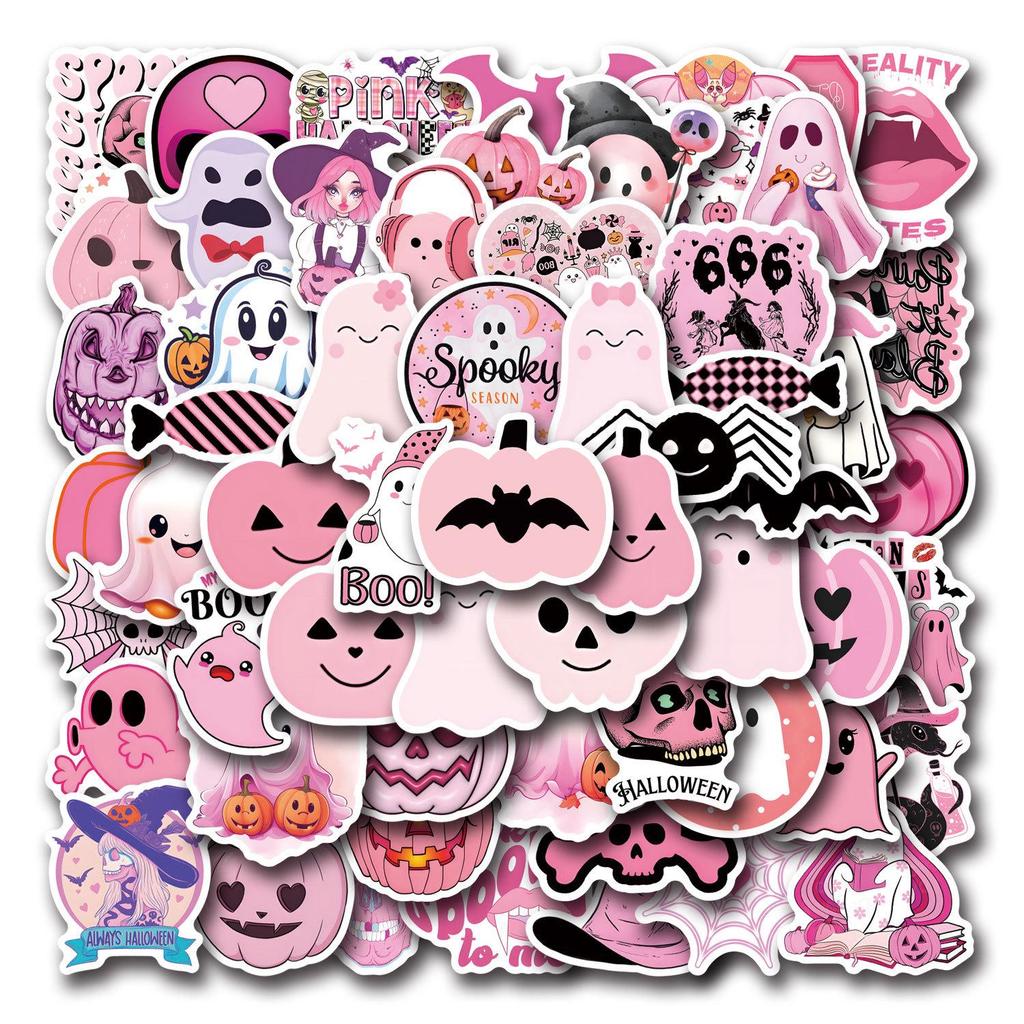 60-Piece Pink Halloween Waterproof Sticker Set for Planners, Water Bottles, and Computers