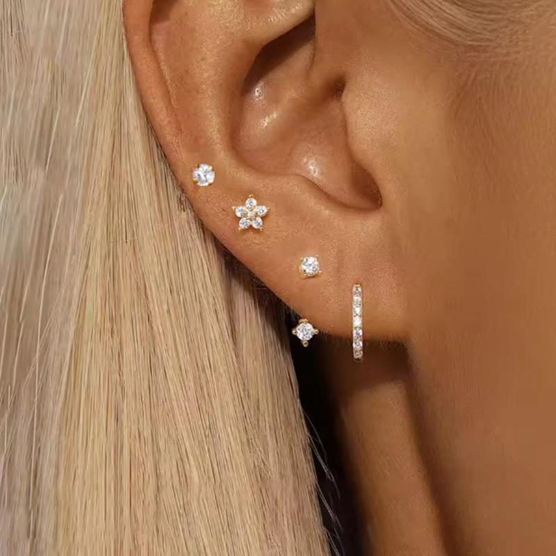 

4PCS Fashion Zircon Round Hoop Earring Set Women Temperament Flower Ear Stud Huggie Earring Tragus Piercing Cartilage Jewelry