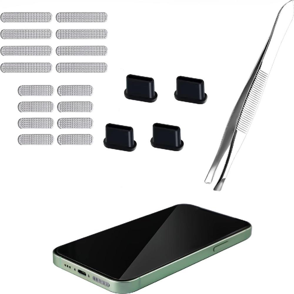 Universal Anti Dust Kit, Speaker Mesh Sticker USB Port Dust Plug with Tweezers for Micro USB Type C iPhone Huawei